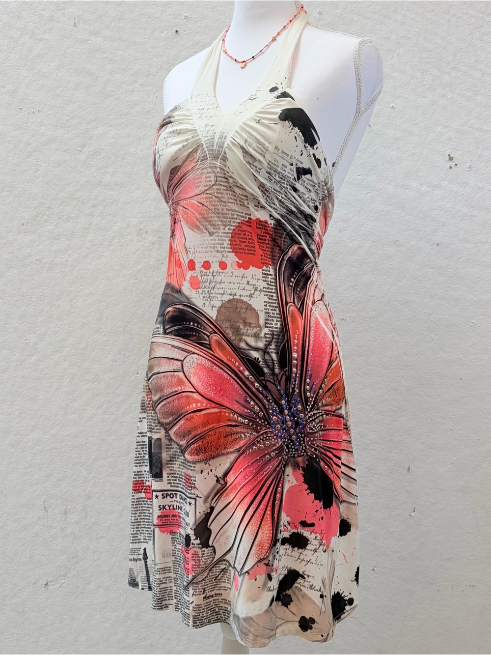Vintage Y2K Butterfly Print Halter Dress with Built in Bra